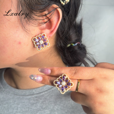 Lxalry 18K Gold-Plated Purple Floral Jewelry Set