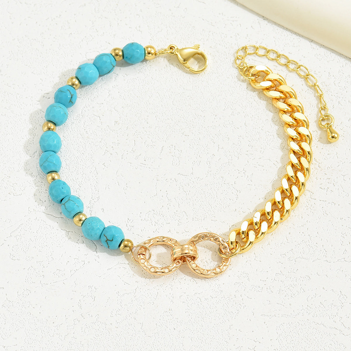 Double Ring Turquoise Beaded Chain Bracelet