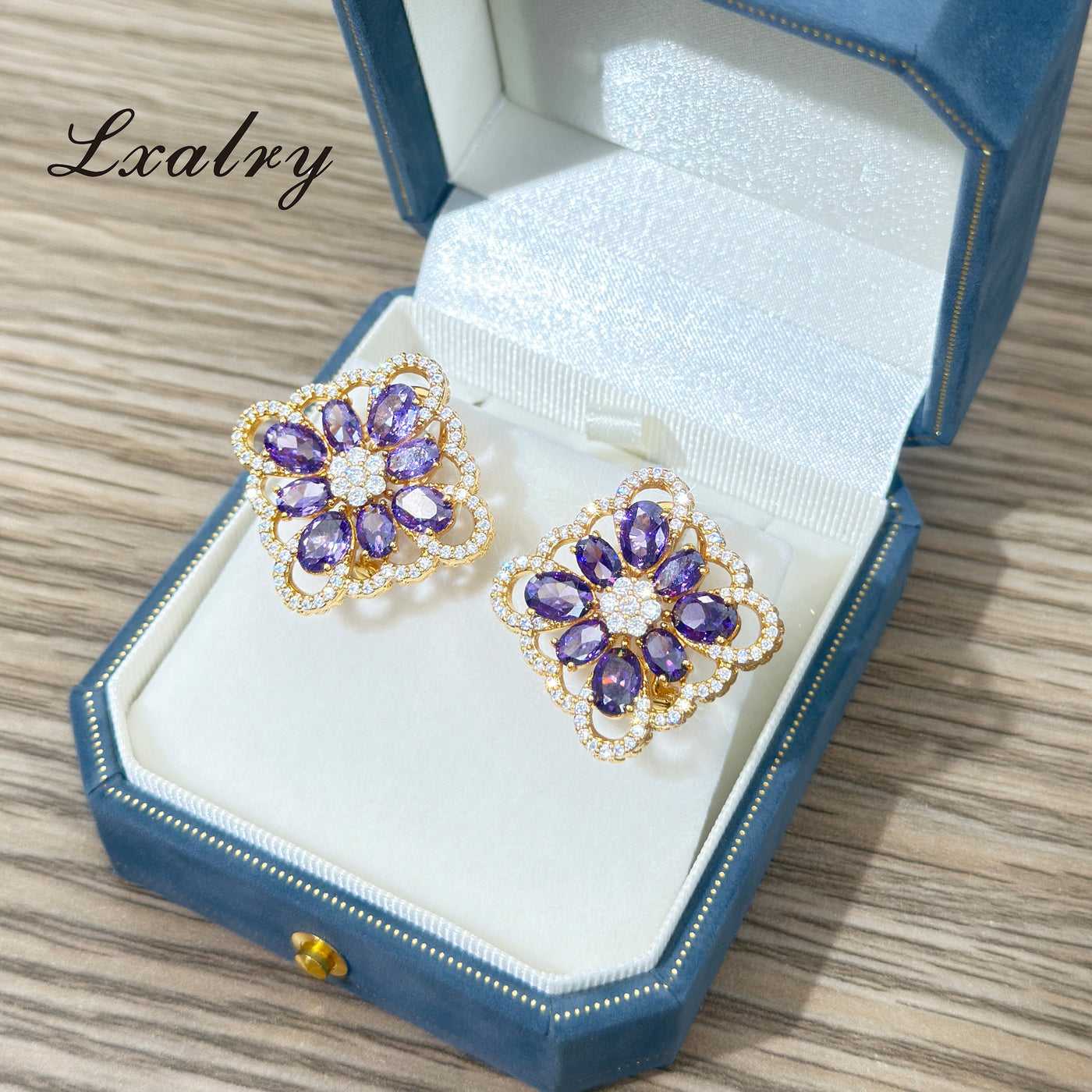 Lxalry 18K Gold-Plated Purple Floral Jewelry Set
