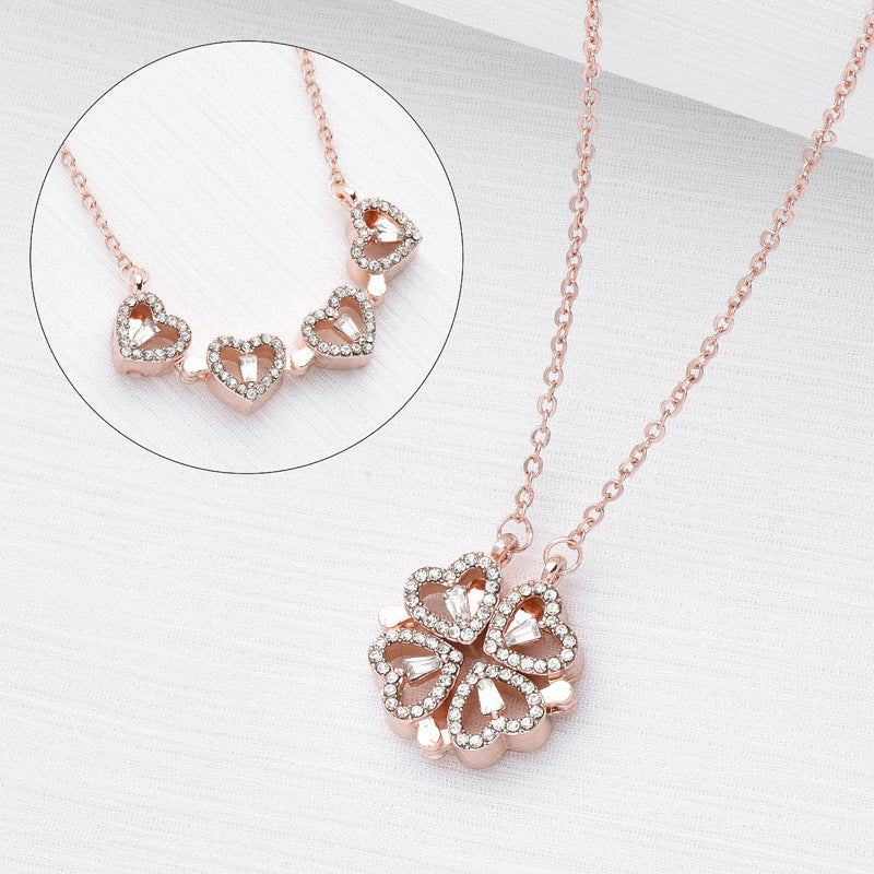 Retro Magnetic Four-Leaf Clover Heart Pendant Necklace