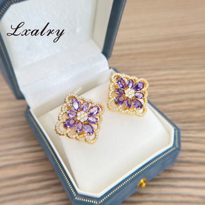 Lxalry 18K Gold-Plated Purple Floral Jewelry Set