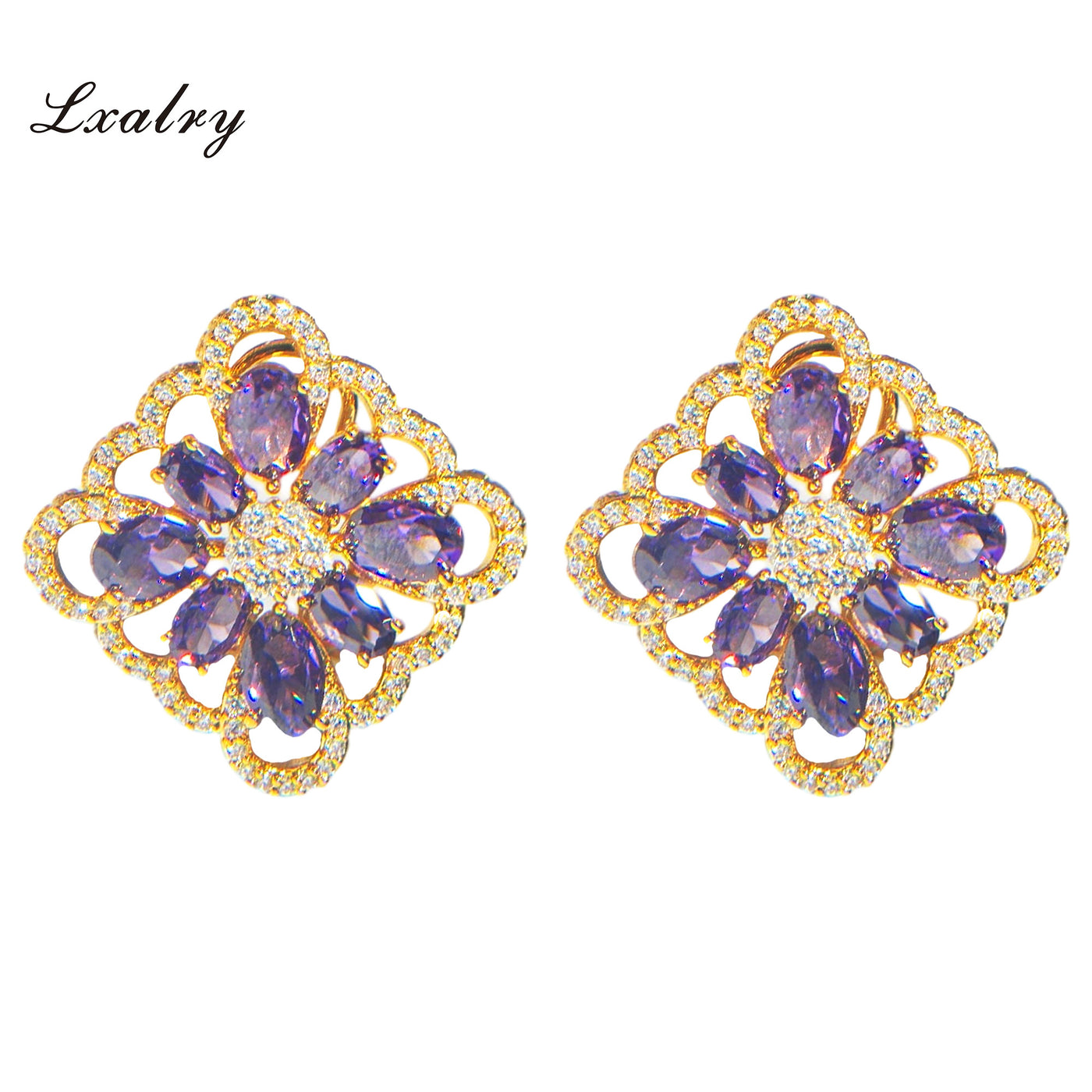 Lxalry 18K Gold-Plated Purple Floral Jewelry Set