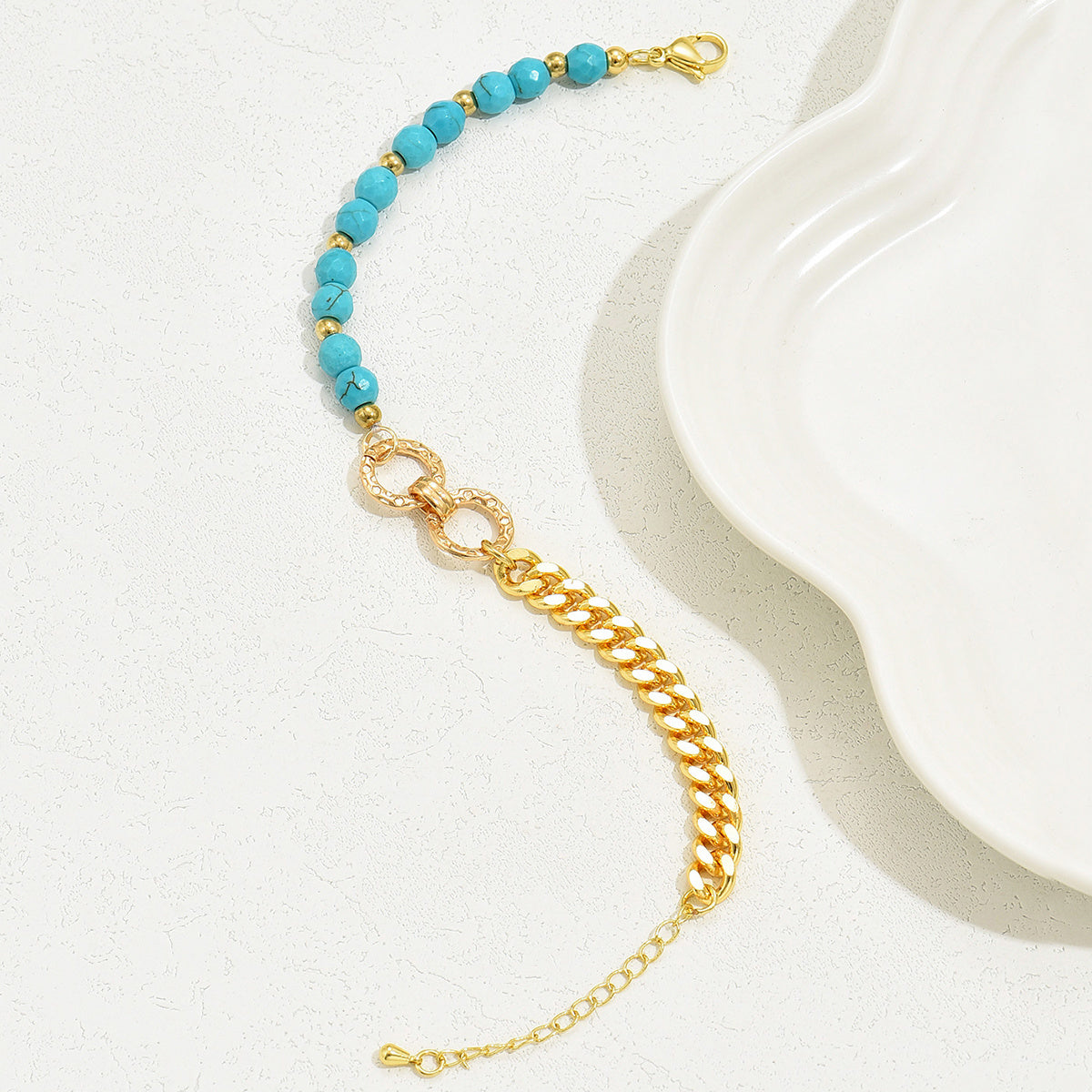 Double Ring Turquoise Beaded Chain Bracelet
